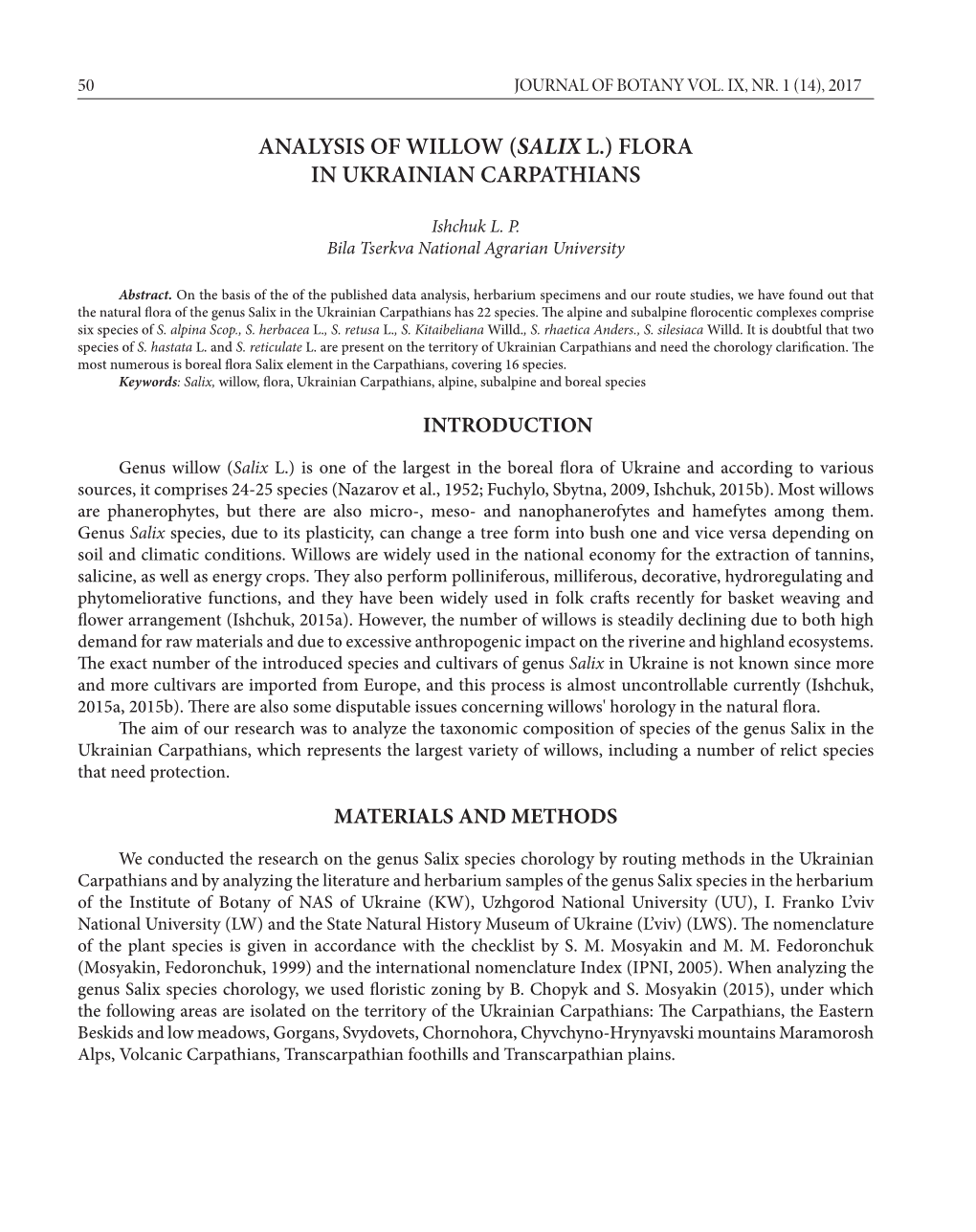 Analysis of Willow (Salix L.) Flora in Ukrainian Carpathians