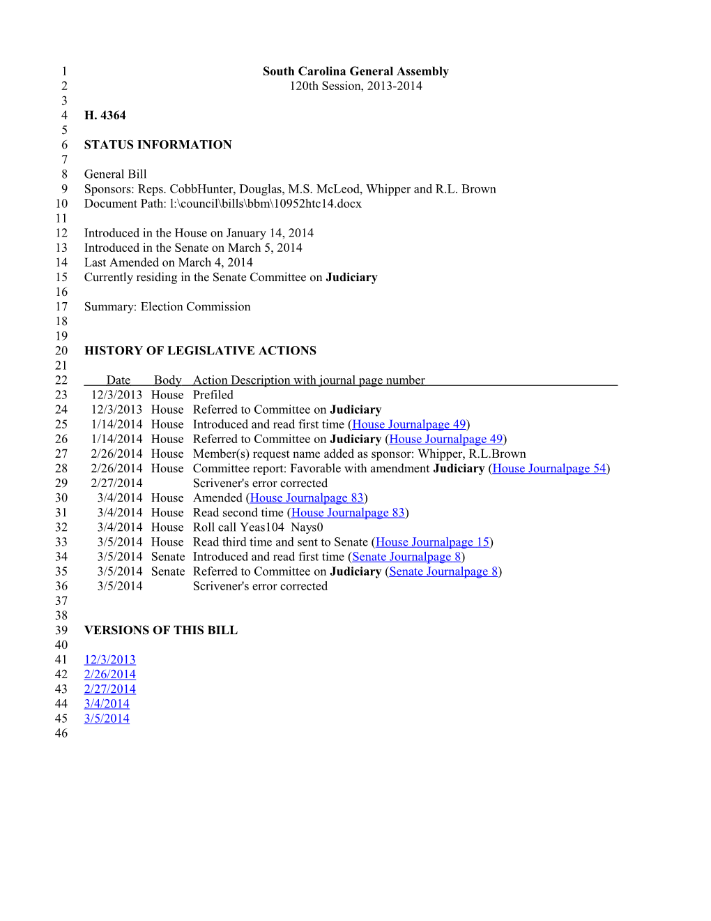 2013-2014 Bill 4364: Election Commission - South Carolina Legislature Online