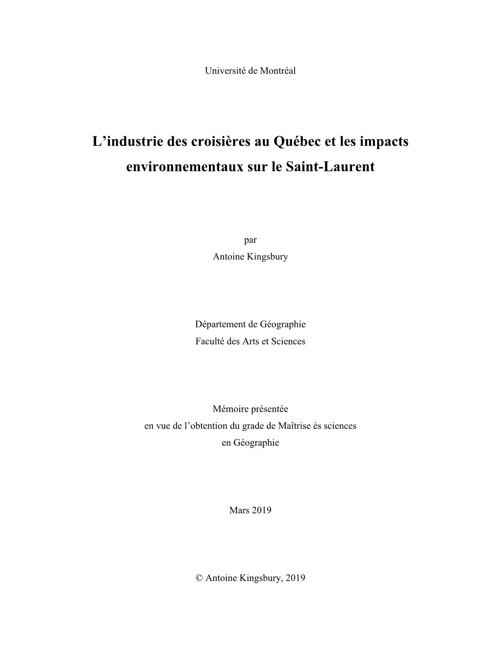 L'industrie Des Croisières Au Québec Et Les Impacts Environnementaux