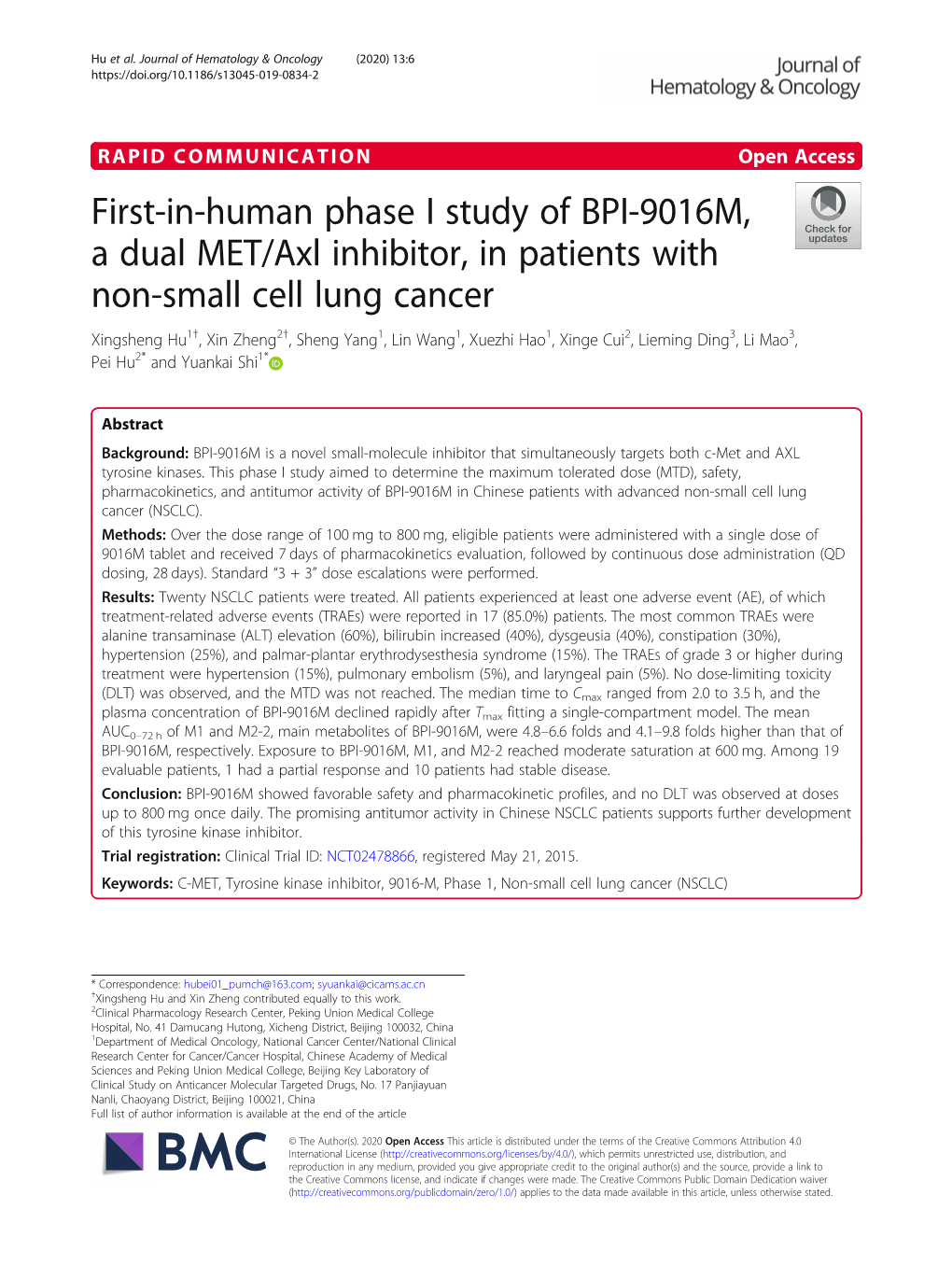 First-In-Human Phase I Study of BPI-9016M, a Dual MET/Axl Inhibitor, in Patients with Non-Small Cell Lung Cancer