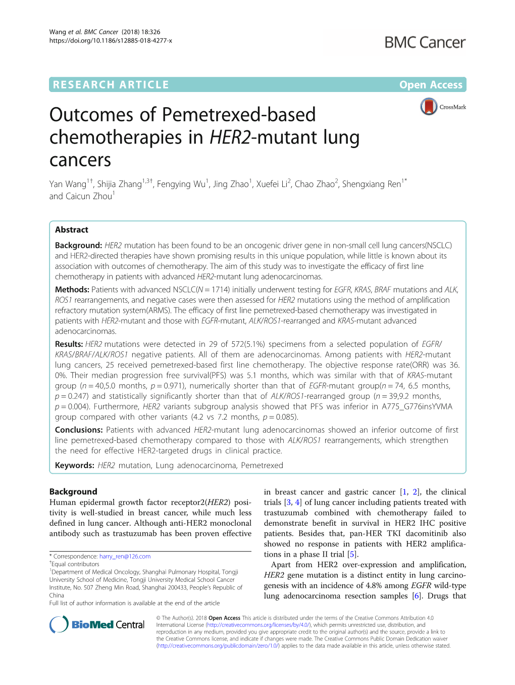 Outcomes of Pemetrexed-Based Chemotherapies in HER2-Mutant