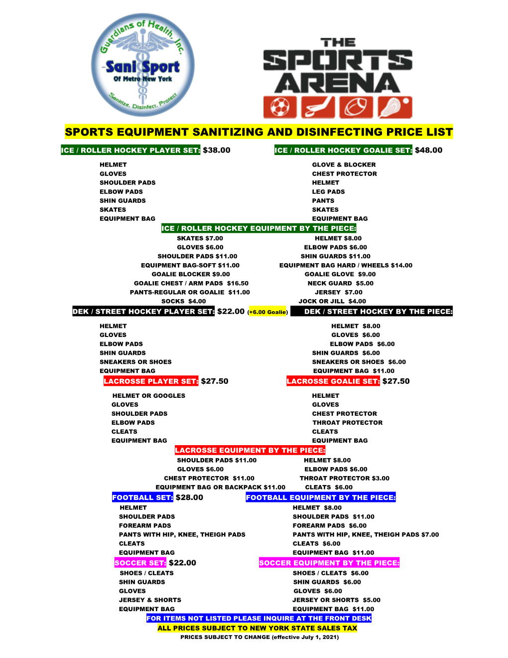 Sports Equipment Sanitizing and Disinfecting Price List