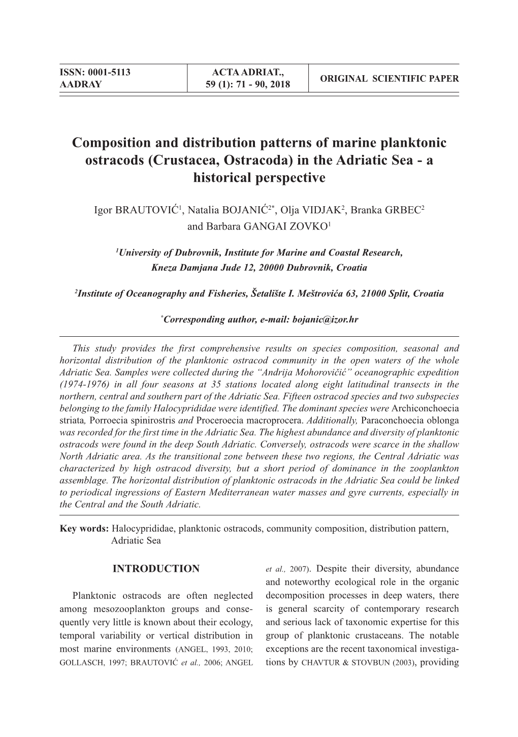 Composition and Distribution Patterns of Marine Planktonic Ostracods (Crustacea, Ostracoda) in the Adriatic Sea - a Historical Perspective