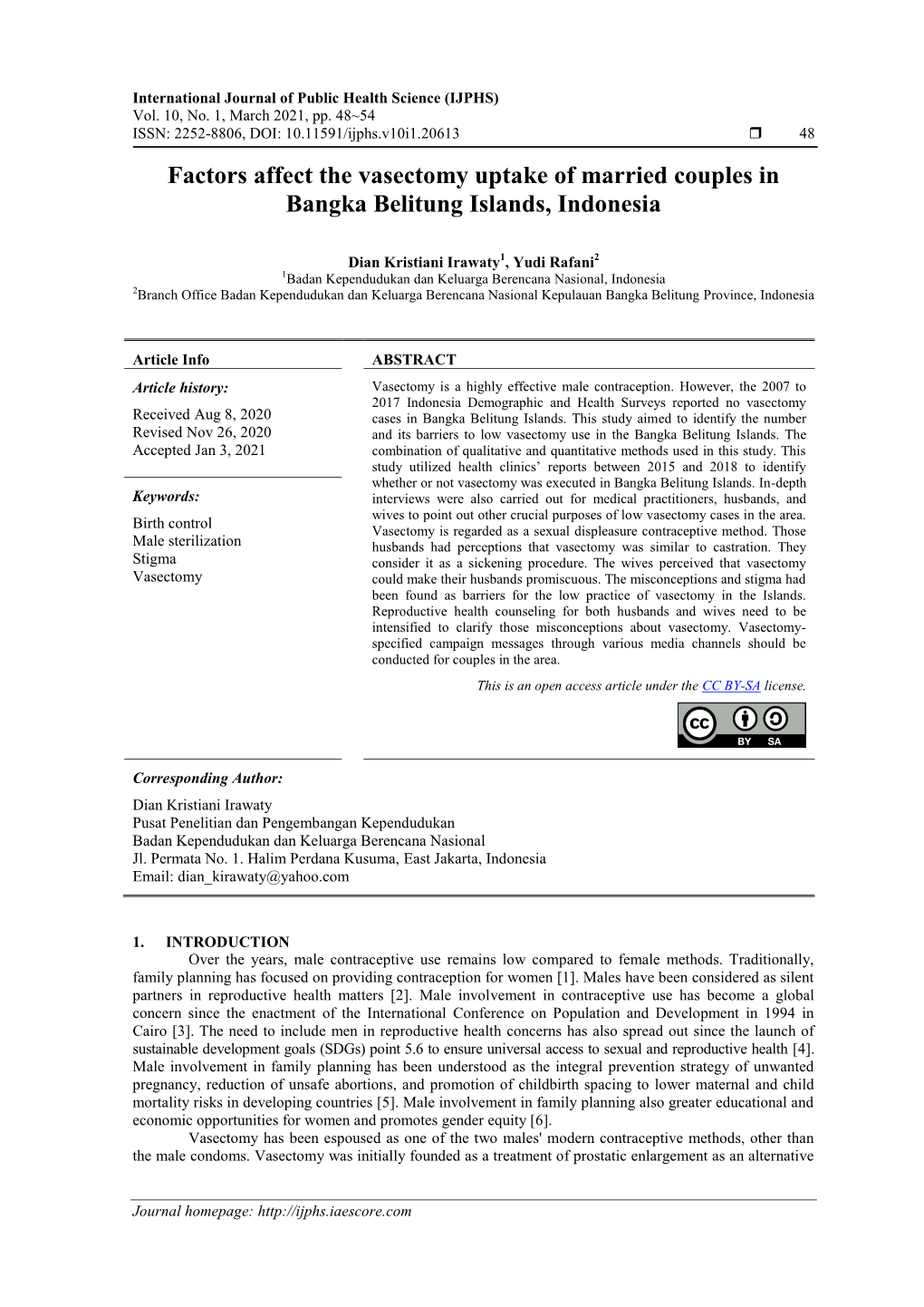 Factors Affect the Vasectomy Uptake of Married Couples in Bangka Belitung Islands, Indonesia