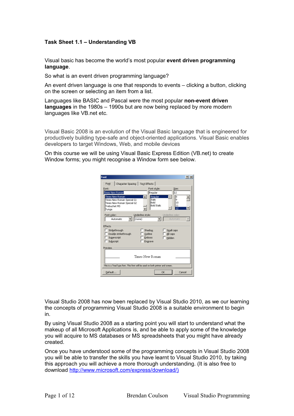 Task Sheet 1.1 Understanding VB