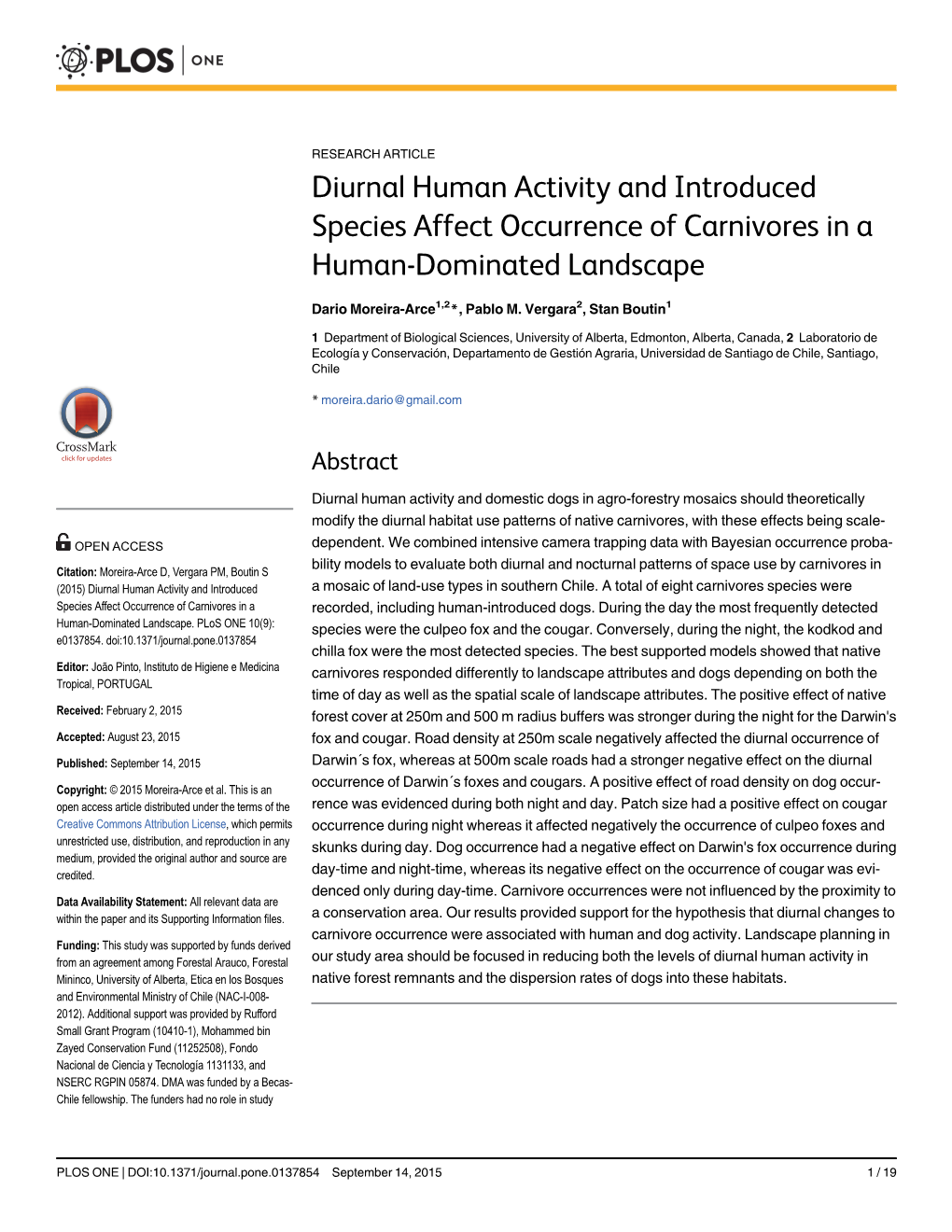 Diurnal Human Activity and Introduced Species Affect Occurrence of Carnivores in a Human-Dominated Landscape