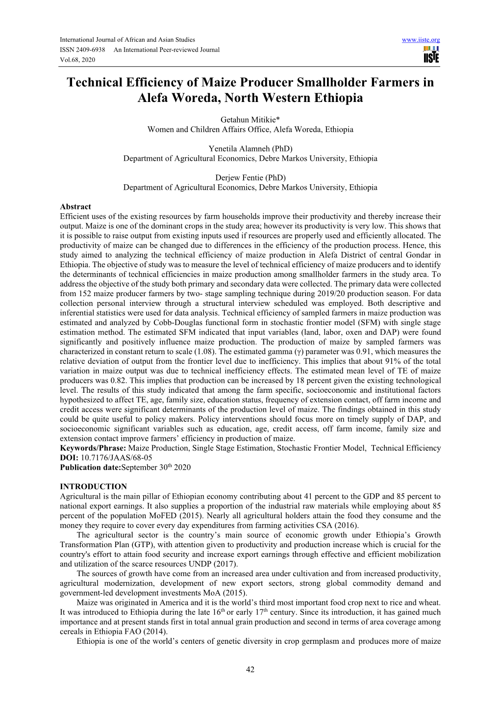 Technical Efficiency of Maize Producer Smallholder Farmers in Alefa Woreda, North Western Ethiopia