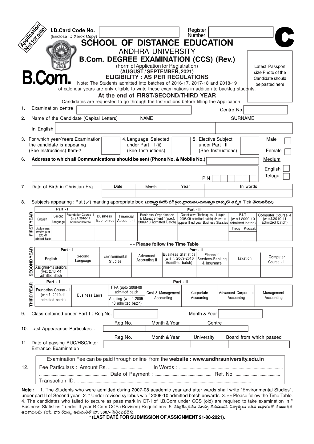 Form of Application for B.Com. DEGREE EXAMINATION (CCS)