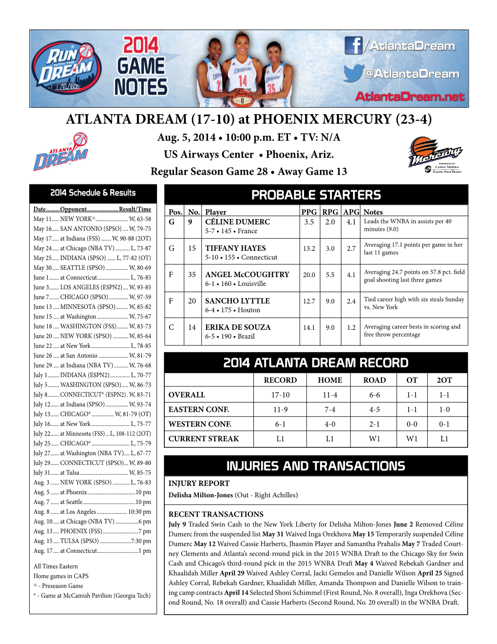 ATLANTA DREAM (17-10) at PHOENIX MERCURY (23-4) Aug