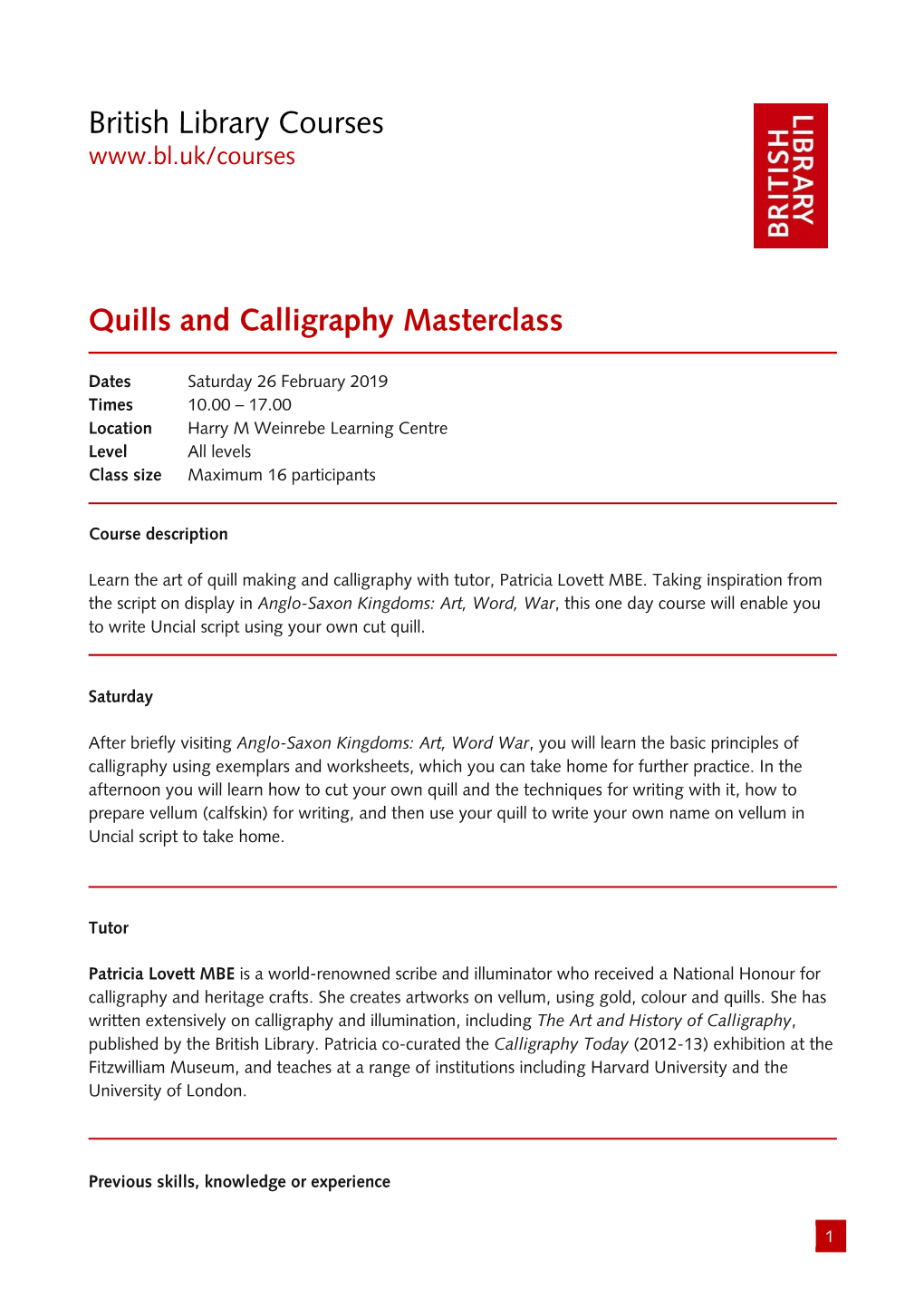 British Library Courses Quills and Calligraphy Masterclass