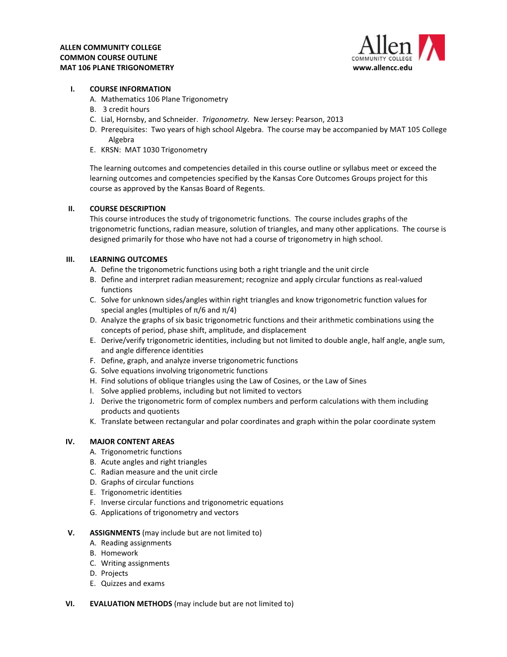 Allen Community College Common Course Outline Mat 106 Plane Trigonometry