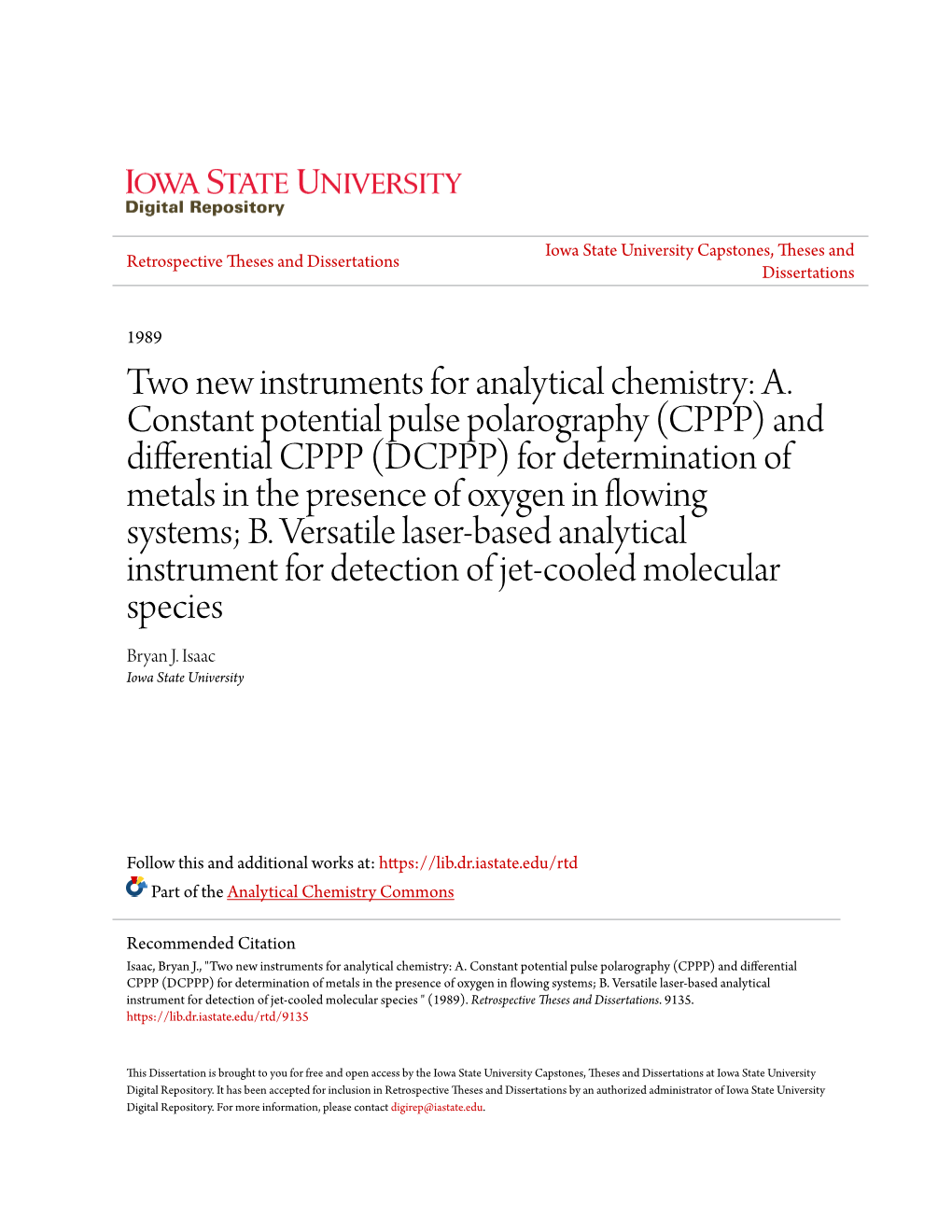 Two New Instruments for Analytical Chemistry: A. Constant Potential Pulse Polarography (CPPP) and Differential CPPP (DCPPP)