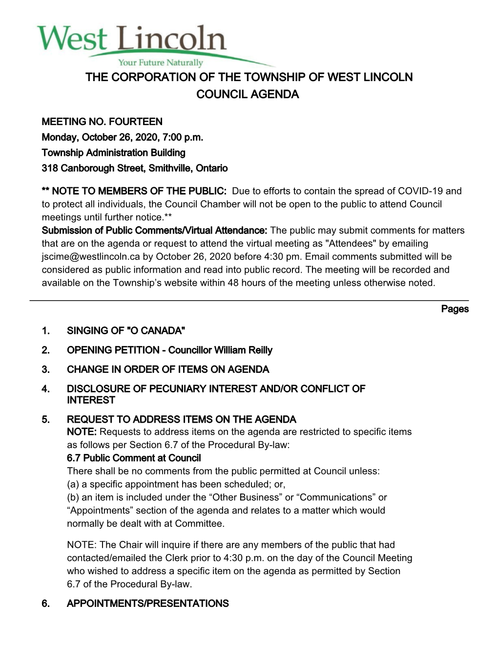 The Corporation of the Township of West Lincoln Council Agenda