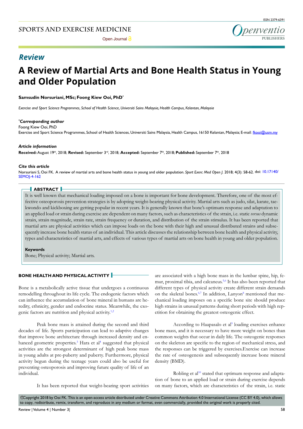 A Review of Martial Arts and Bone Health Status in Young and Older Population
