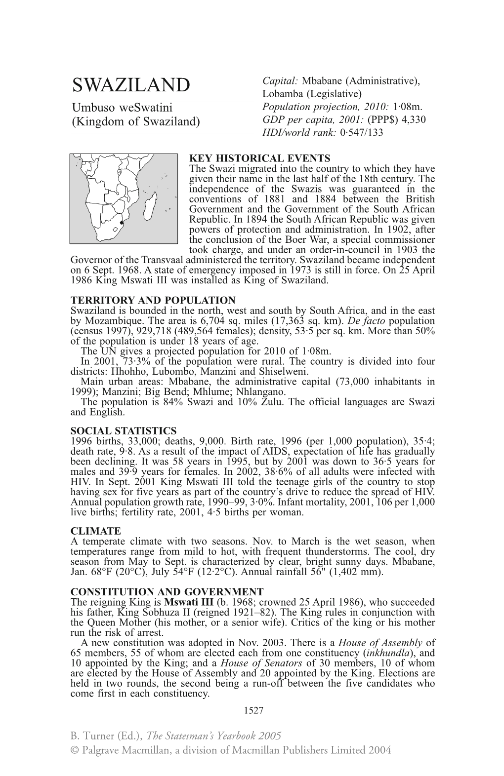 SWAZILAND Lobamba (Legislative) Umbuso Weswatini Population Projection, 2010: 1·08M