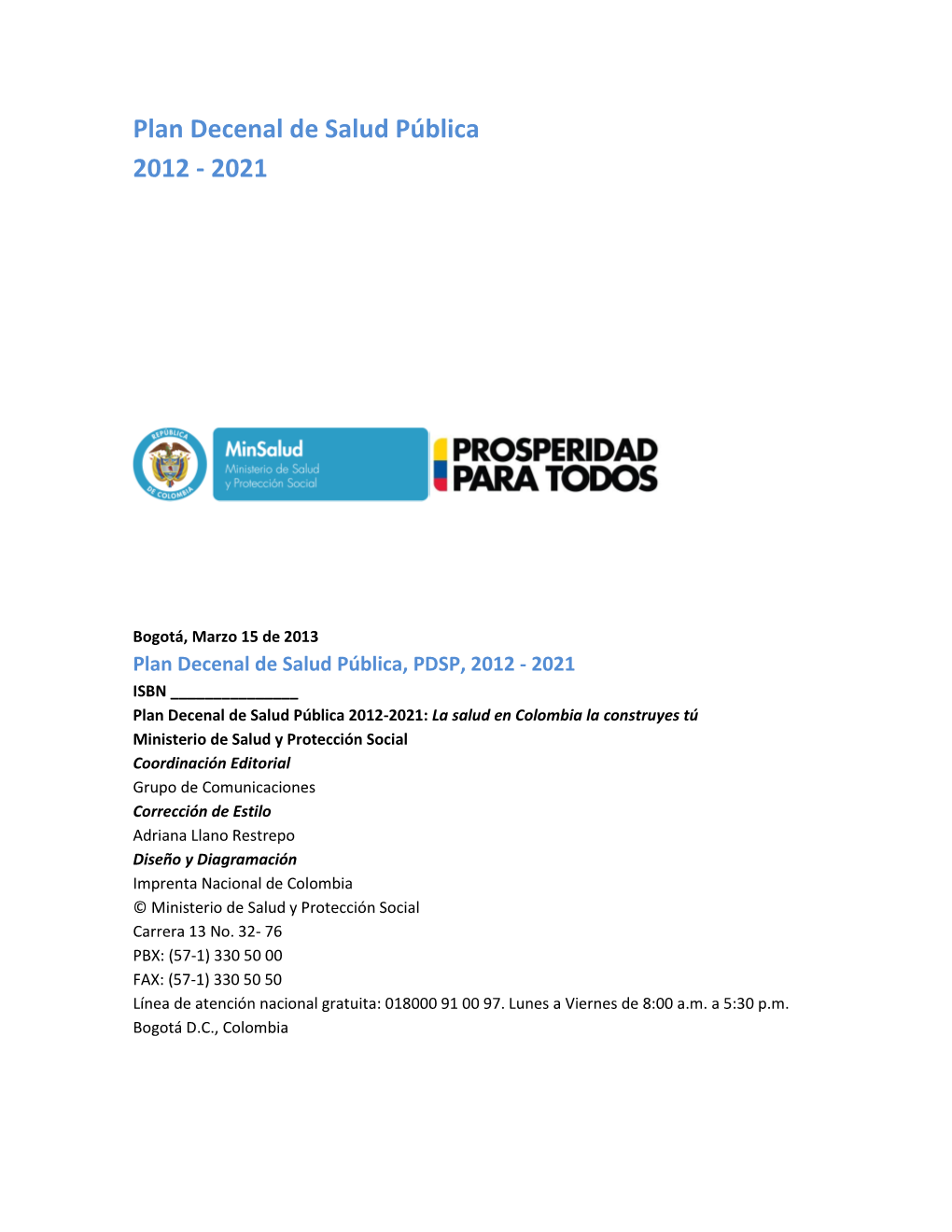 Plan Decenal De Salud Pública 2012 - 2021