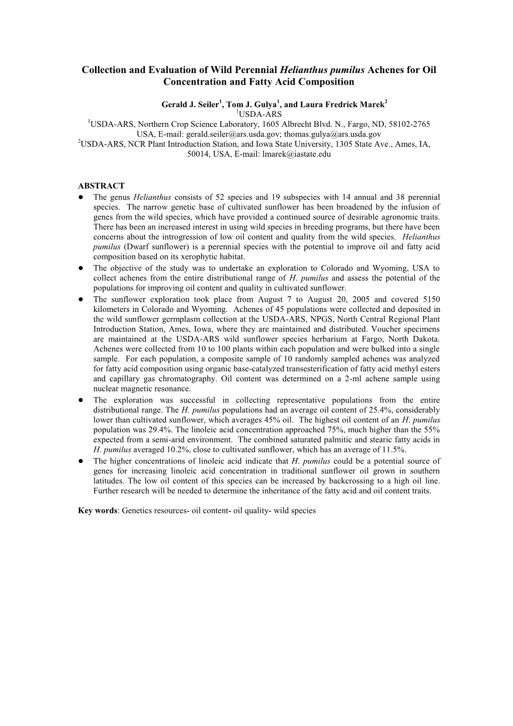 Collection and Evaluation of Wild Perennial Helianthus Pumilus Achenes for Oil Concentration and Fatty Acid Composition