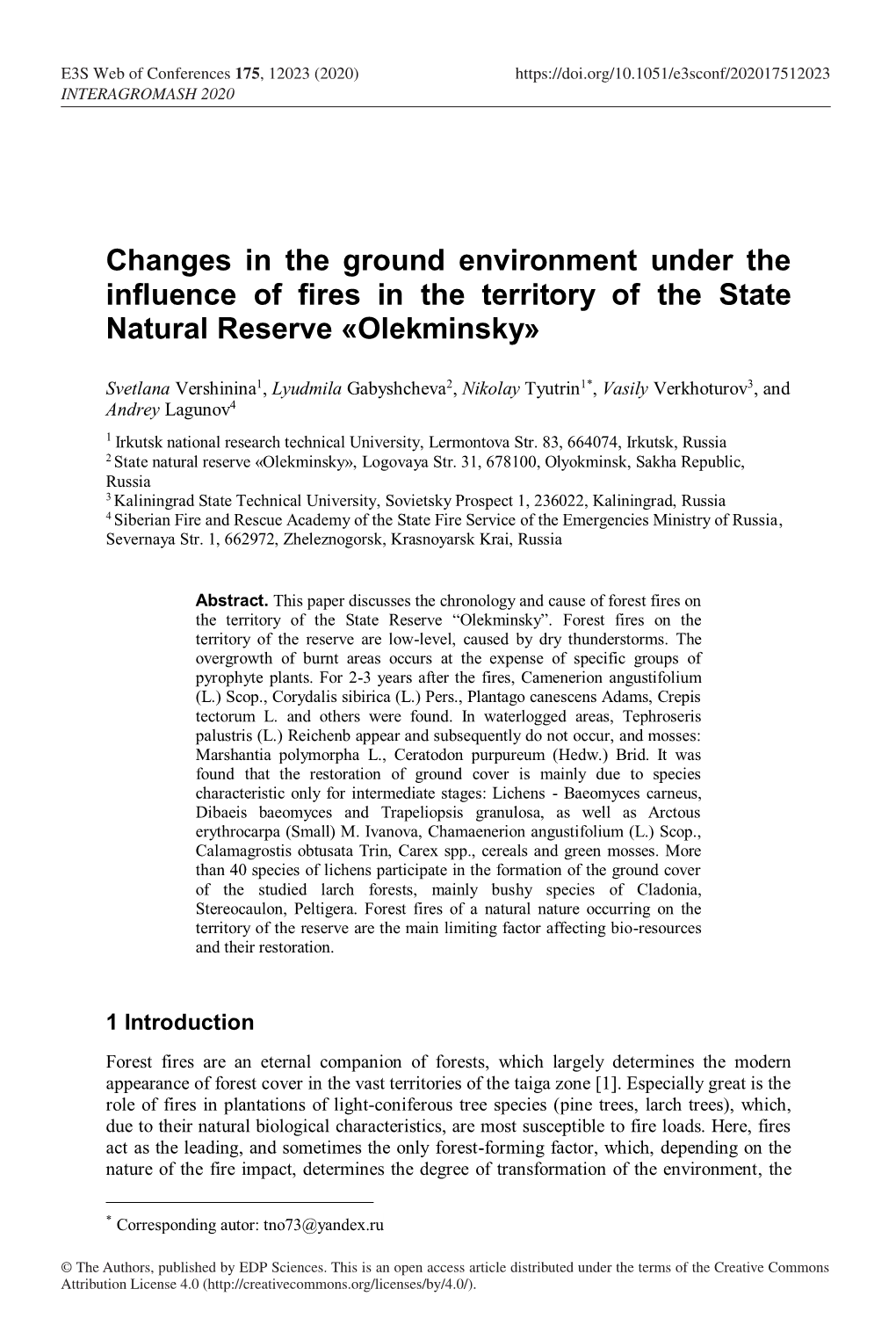 Changes in the Ground Environment Under the Influence of Fires in the Territory of the State Natural Reserve «Olekminsky»