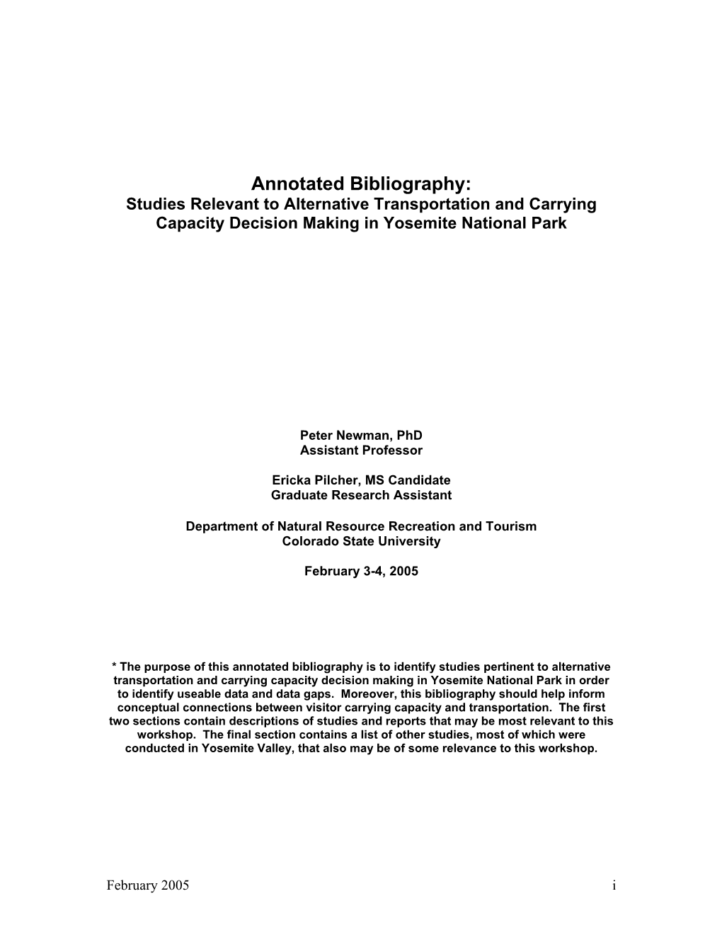 Annotated Bibliography: Studies Relevant to Alternative Transportation and Carrying Capacity Decision Making in Yosemite National Park