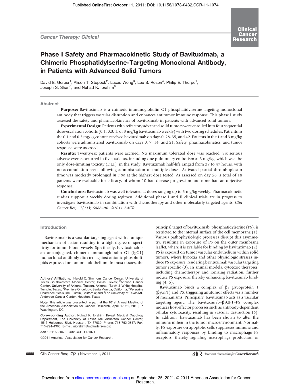 Phase I Safety and Pharmacokinetic Study of Bavituximab, a Chimeric Phosphatidylserine-Targeting Monoclonal Antibody, in Patients with Advanced Solid Tumors