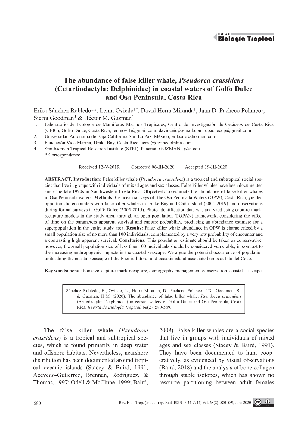 The Abundance of False Killer Whale, Pseudorca Crassidens (Cetartiodactyla: Delphinidae) in Coastal Waters of Golfo Dulce and Osa Peninsula, Costa Rica