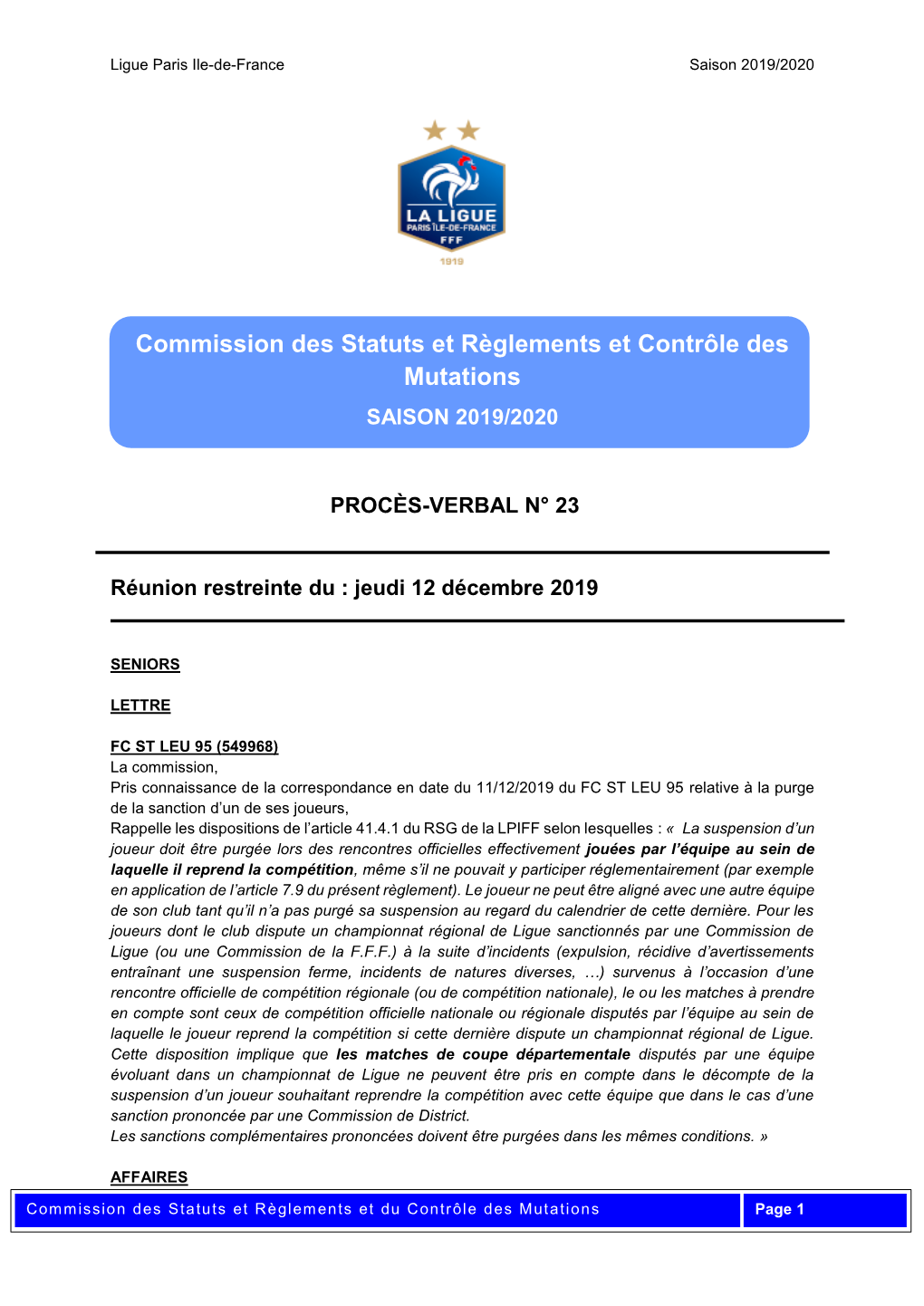 Commission Des Statuts Et Règlements Et Contrôle Des Mutations SAISON 2019/2020