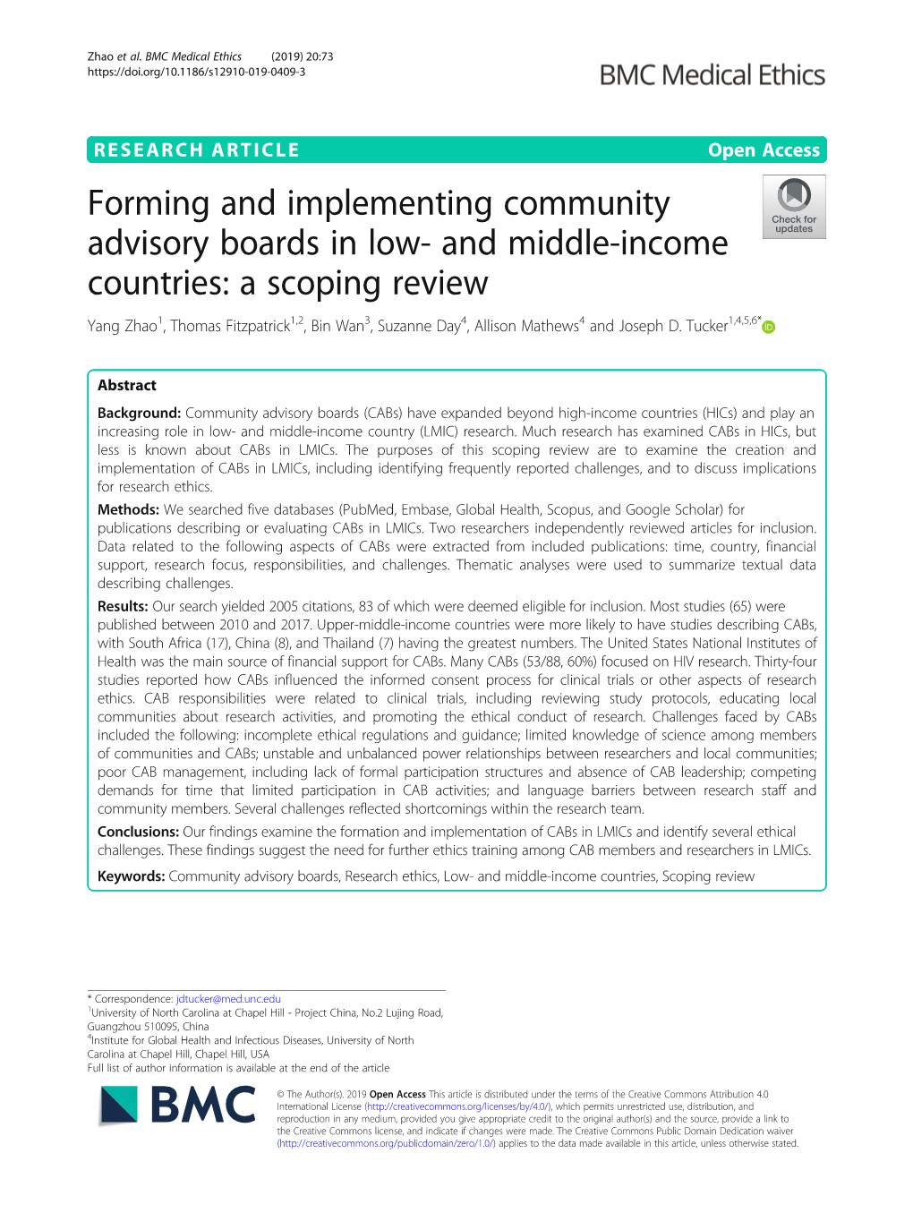 And Middle-Income Countries: a Scoping Review Yang Zhao1, Thomas Fitzpatrick1,2, Bin Wan3, Suzanne Day4, Allison Mathews4 and Joseph D