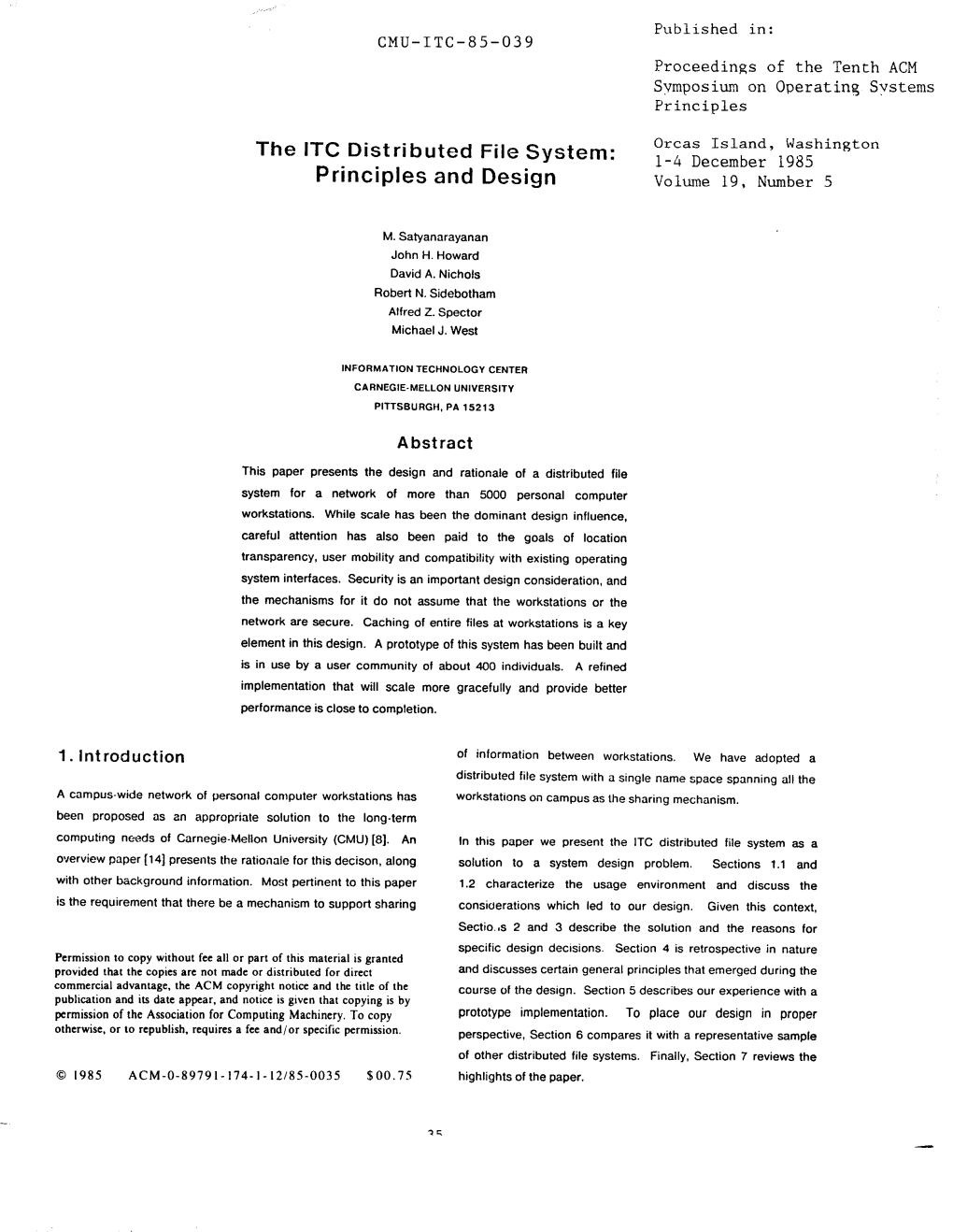 The ITC Distributed File System- 1-4 December 1985 Principles and Design Volume 19, Number5