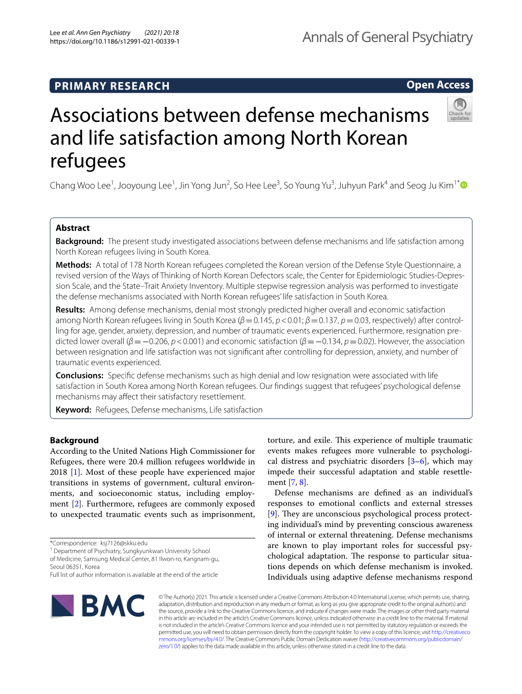 Associations Between Defense Mechanisms and Life Satisfaction