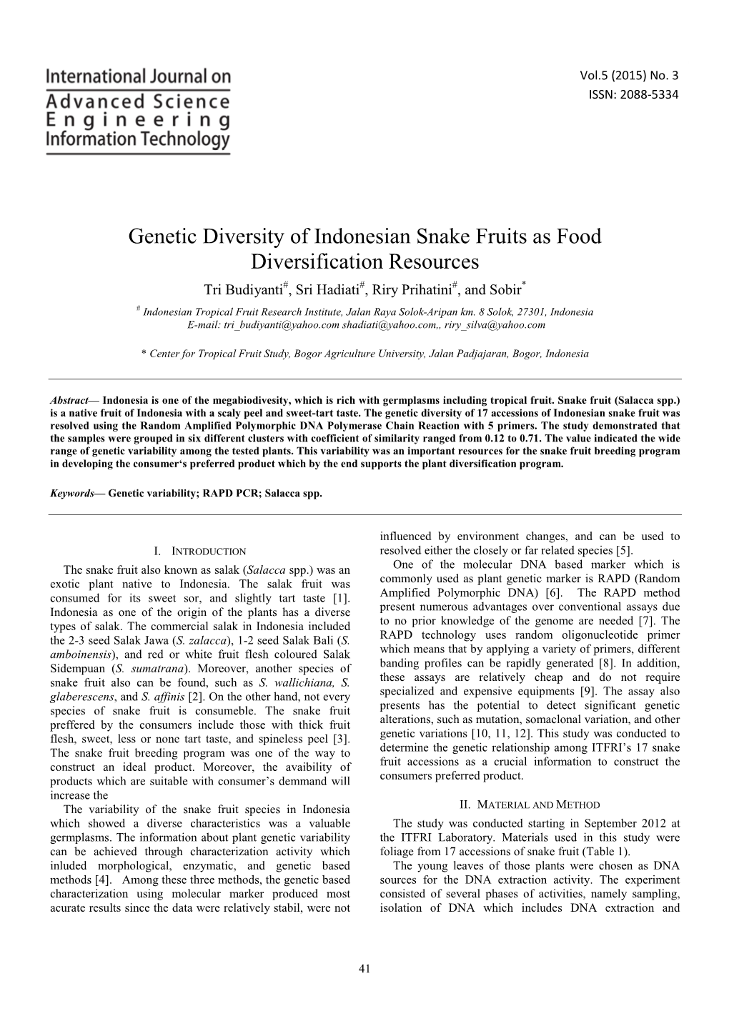 Genetic Diversity of Indonesian Snake Fruits As Food Diversification