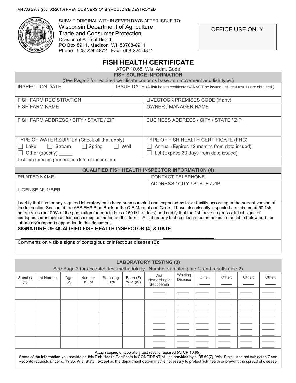 FISH HEALTH CERTIFICATE ATCP 10.65, Wis