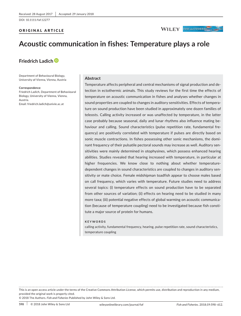Acoustic Communication in Fishes: Temperature Plays a Role