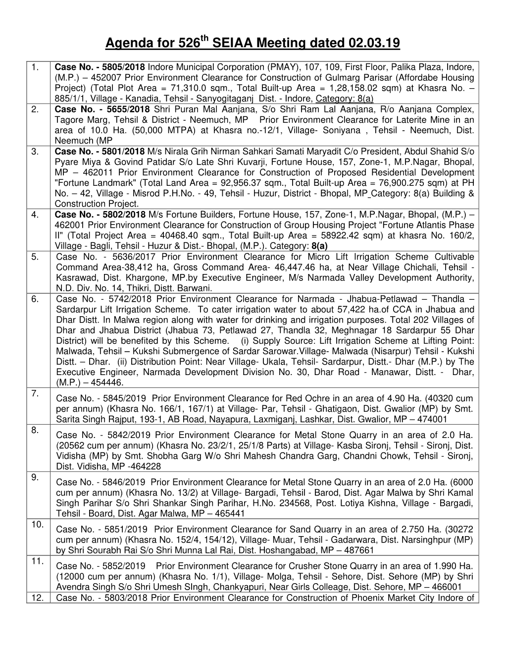 Agenda 526 SEIAA Meeting Dated 02-03-19