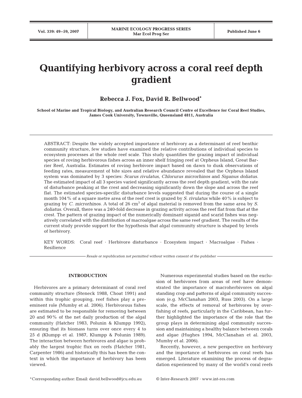 Quantifying Herbivory Across a Coral Reef Depth Gradient