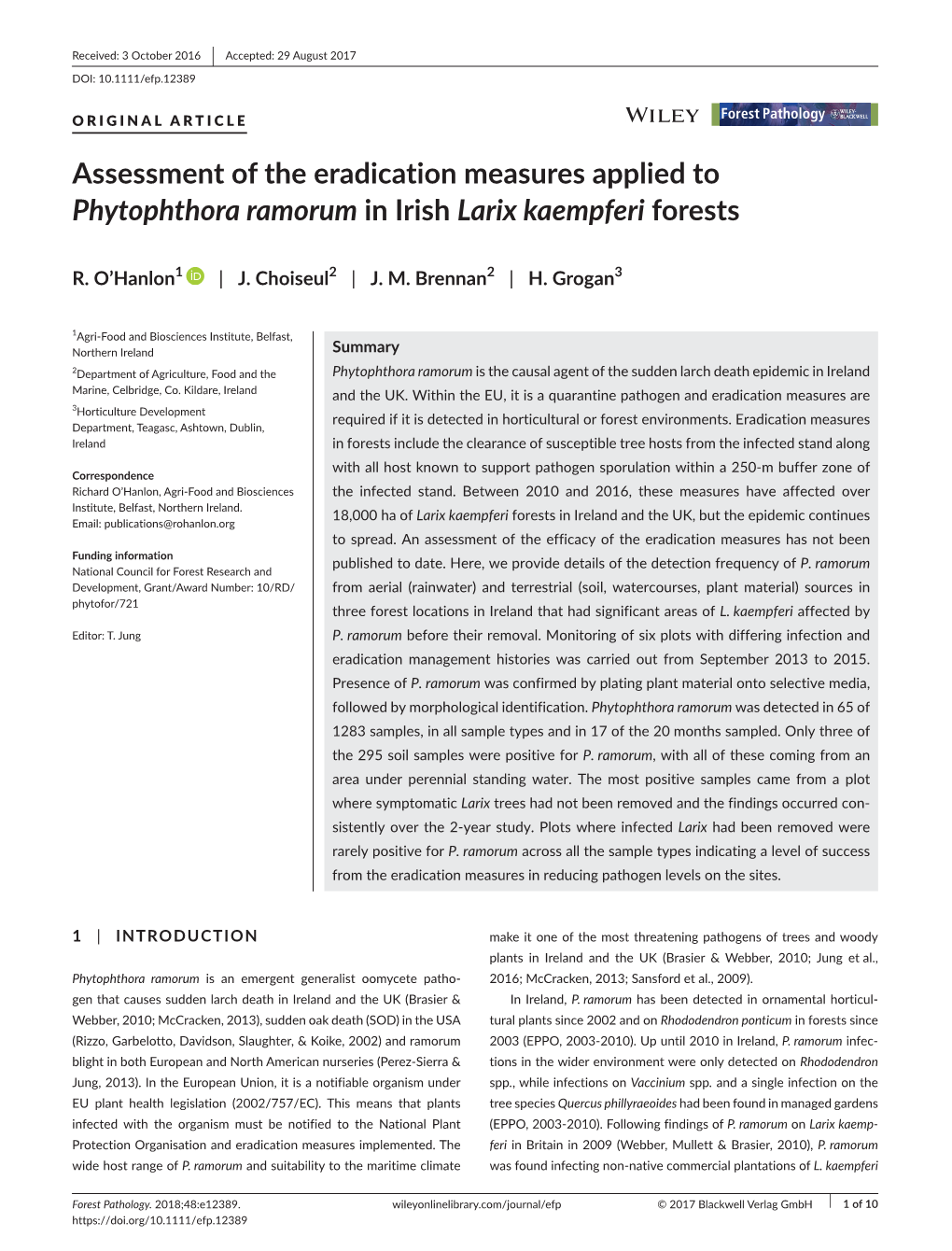 Assessment of the Eradication Measures Applied to Phytophthora Ramorum in Irish Larix Kaempferi Forests