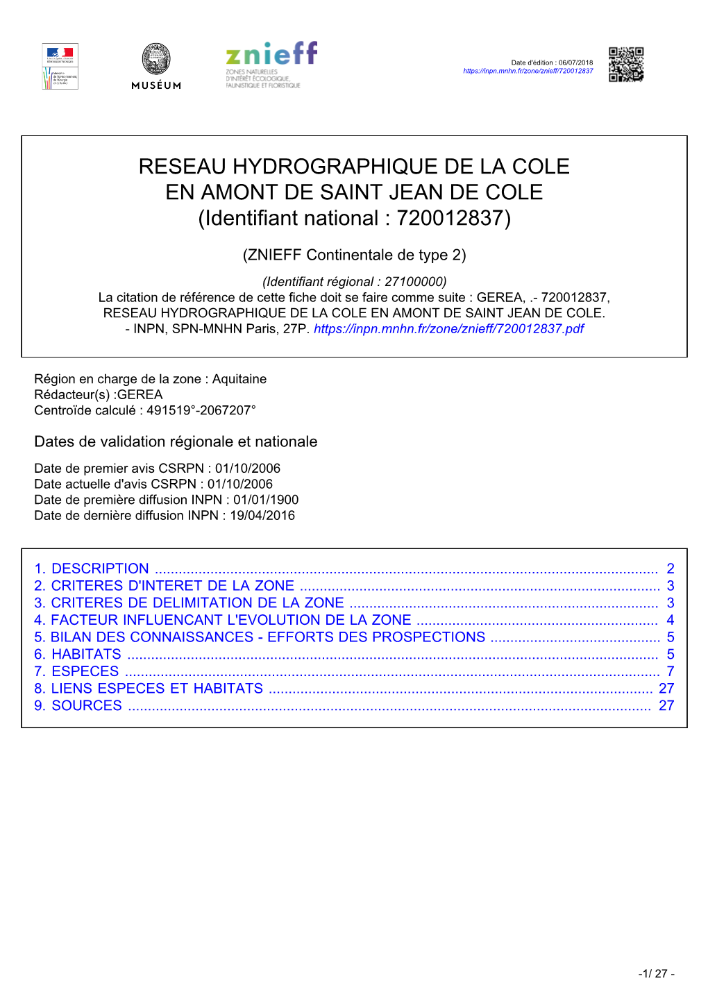 RESEAU HYDROGRAPHIQUE DE LA COLE EN AMONT DE SAINT JEAN DE COLE (Identifiant National : 720012837)