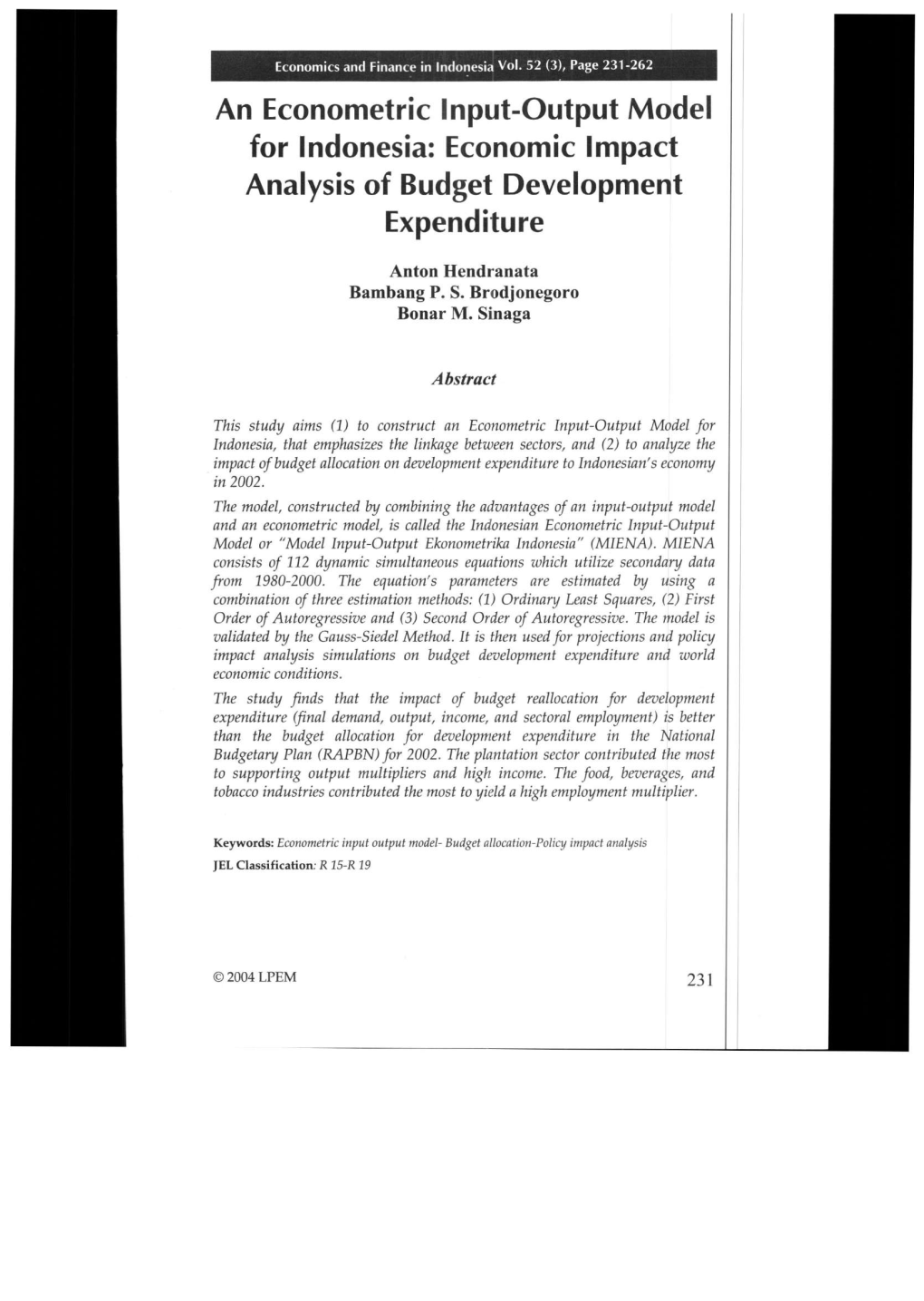 An Econometric Input-Output Model for Indonesia: Economic Impact Analysis of Budget Development Expenditure