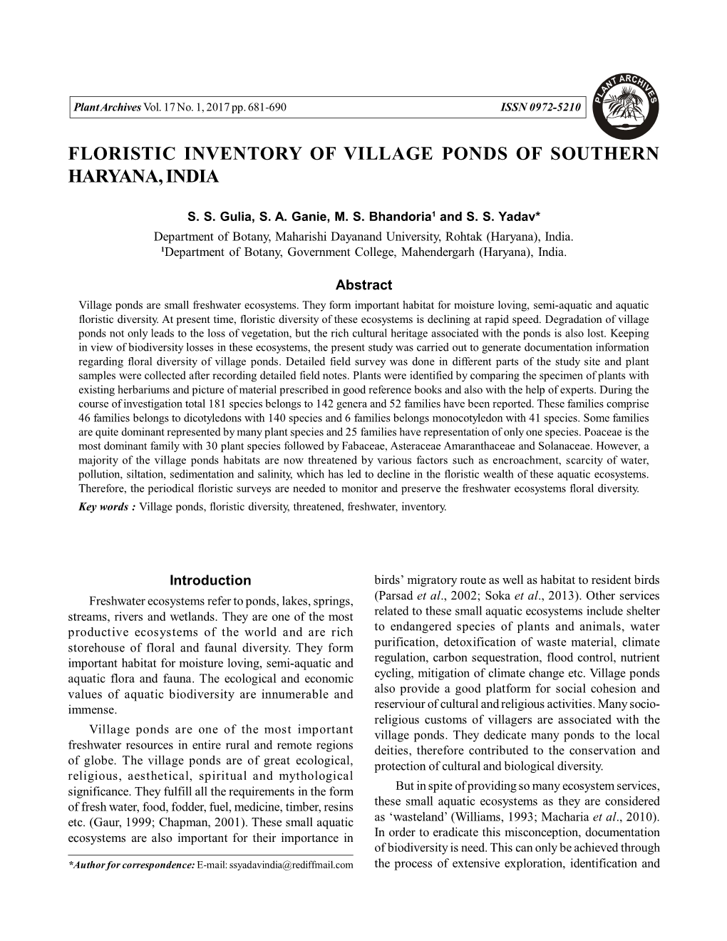 Floristic Inventory of Village Ponds of Southern Haryana, India