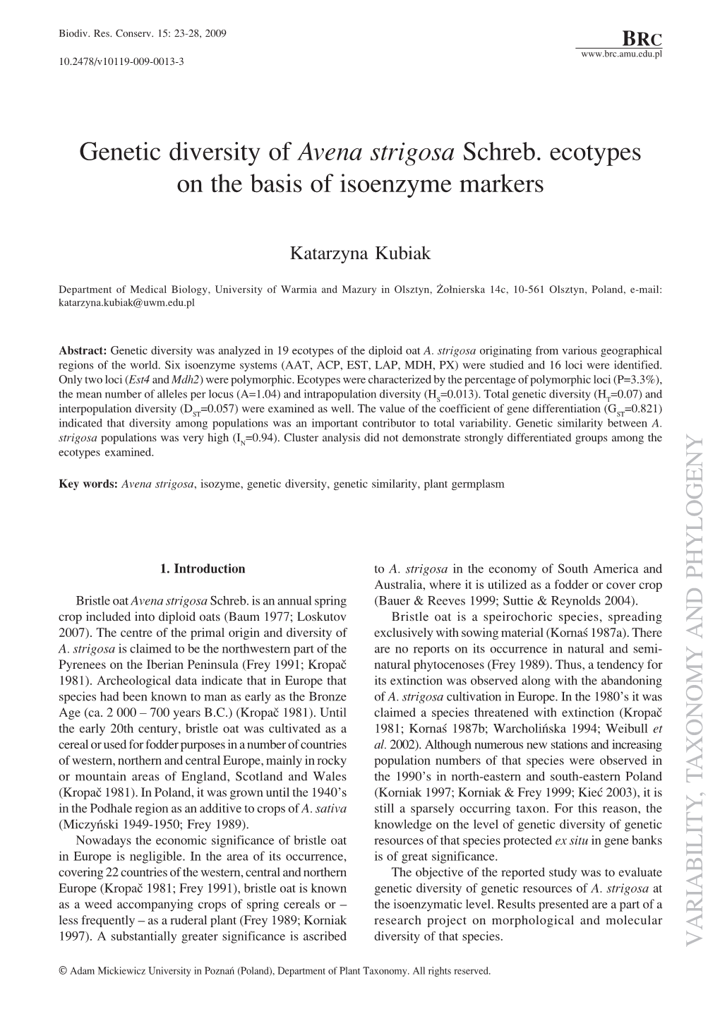 Genetic Diversity of Avena Strigosa Schreb. Ecotypes on the Basis of Isoenzyme Markers