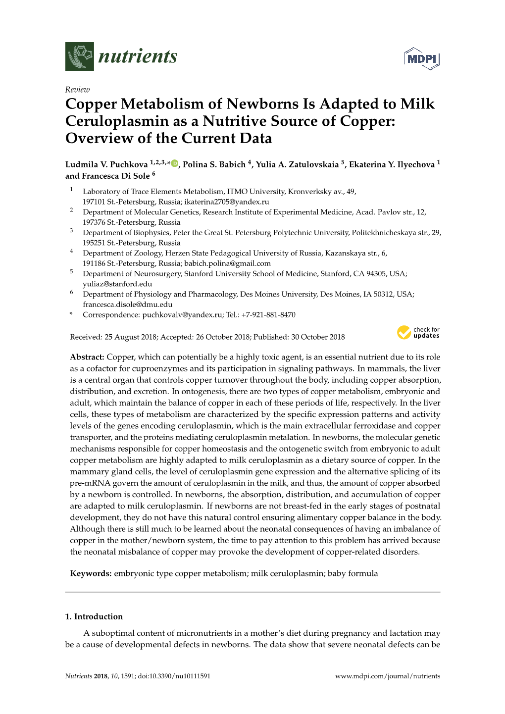 Copper Metabolism of Newborns Is Adapted to Milk Ceruloplasmin As a Nutritive Source of Copper: Overview of the Current Data