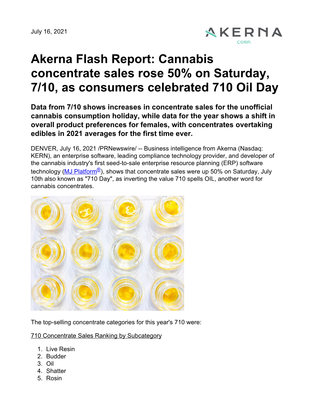 Akerna Flash Report: Cannabis Concentrate Sales Rose 50% on Saturday, 7/10, As Consumers Celebrated 710 Oil Day