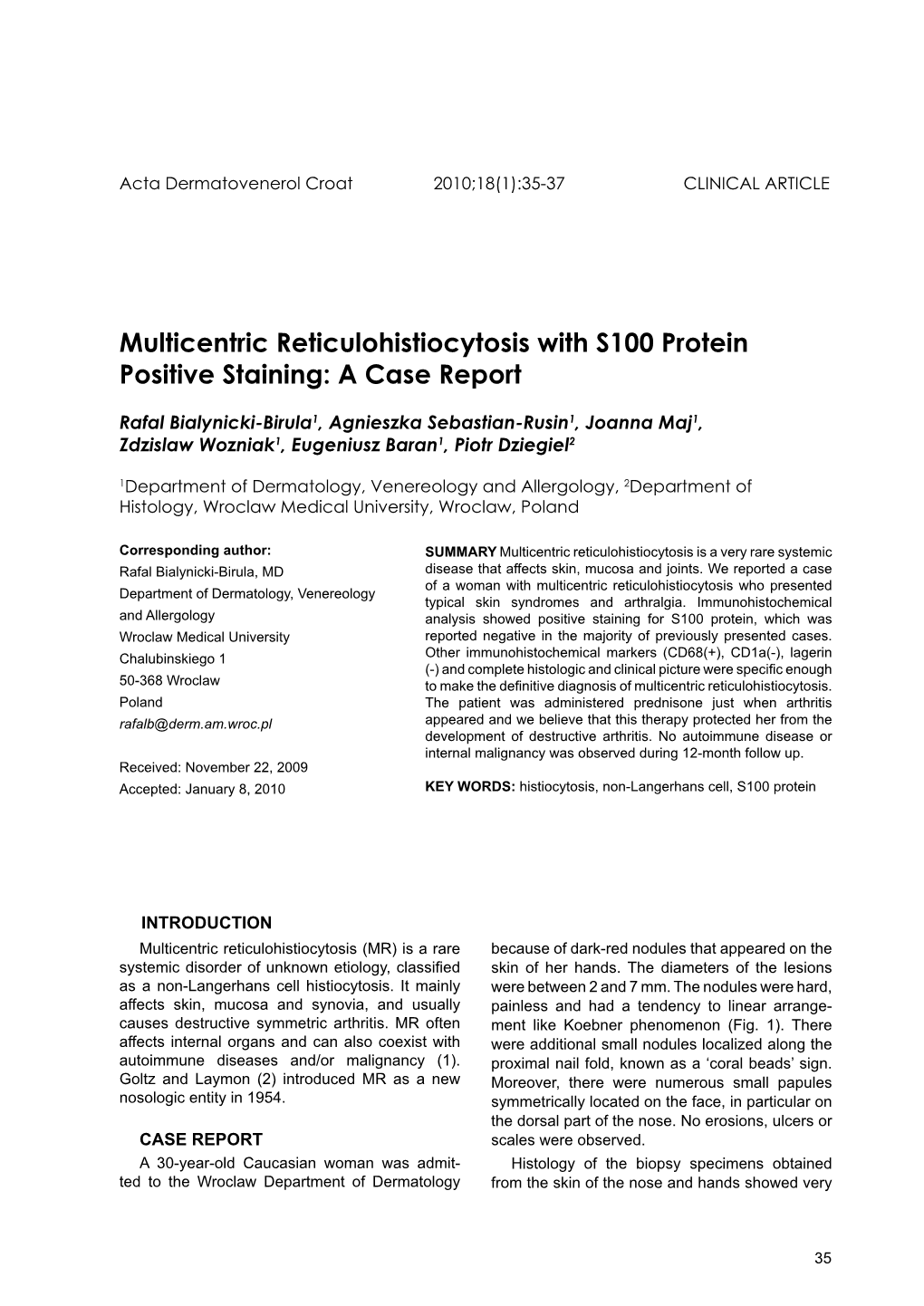 Multicentric Reticulohistiocytosis with S100 Protein Positive Staining: a Case Report