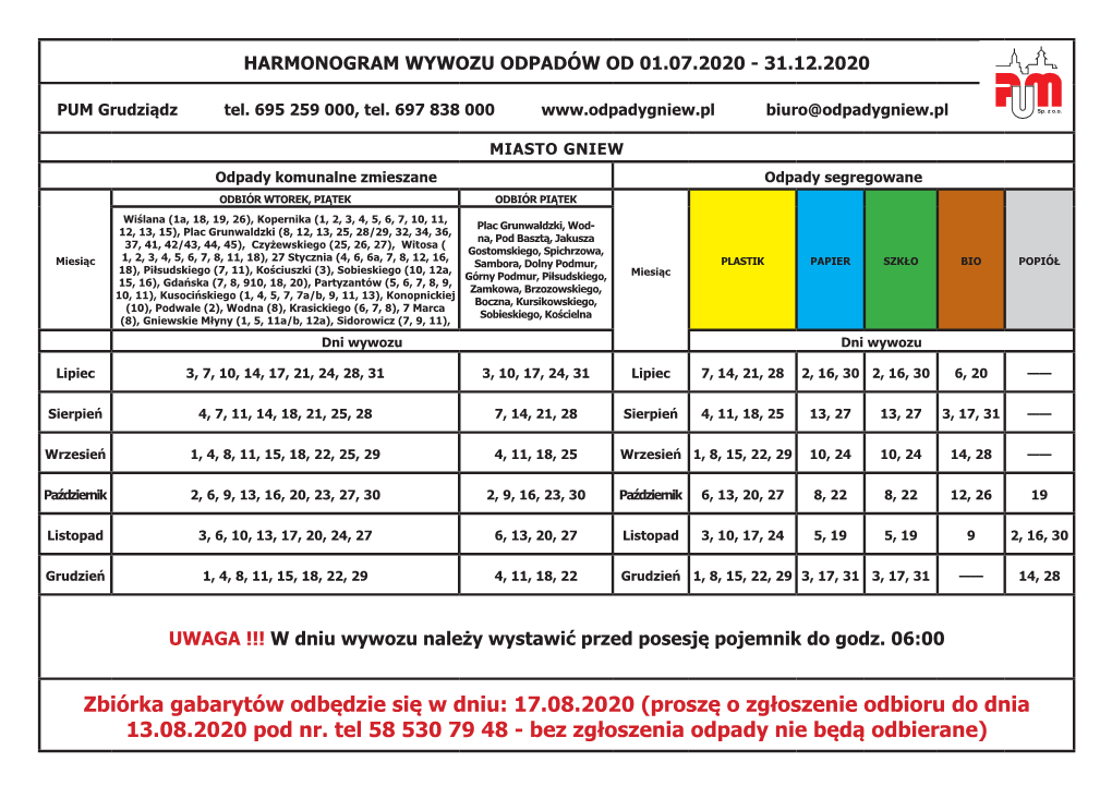 Zbiórka Gabarytów Odbędzie Się W Dniu: 17.08.2020 (Proszę O Zgłoszenie Odbioru Do Dnia 13.08.2020 Pod Nr