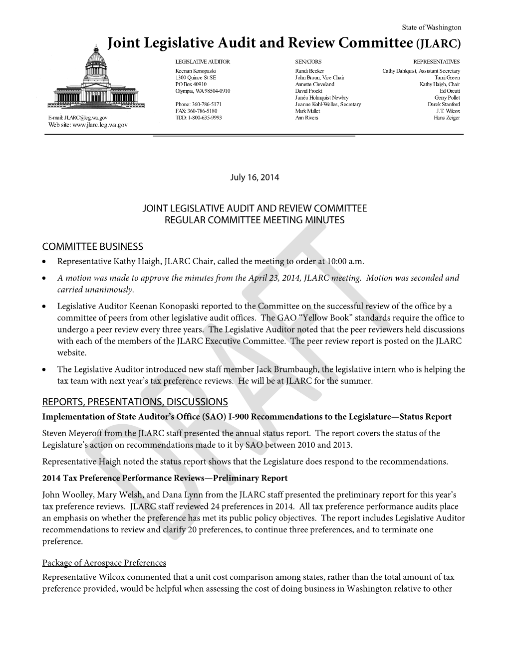 July 16, 2014, JLARC Meeting Minutes