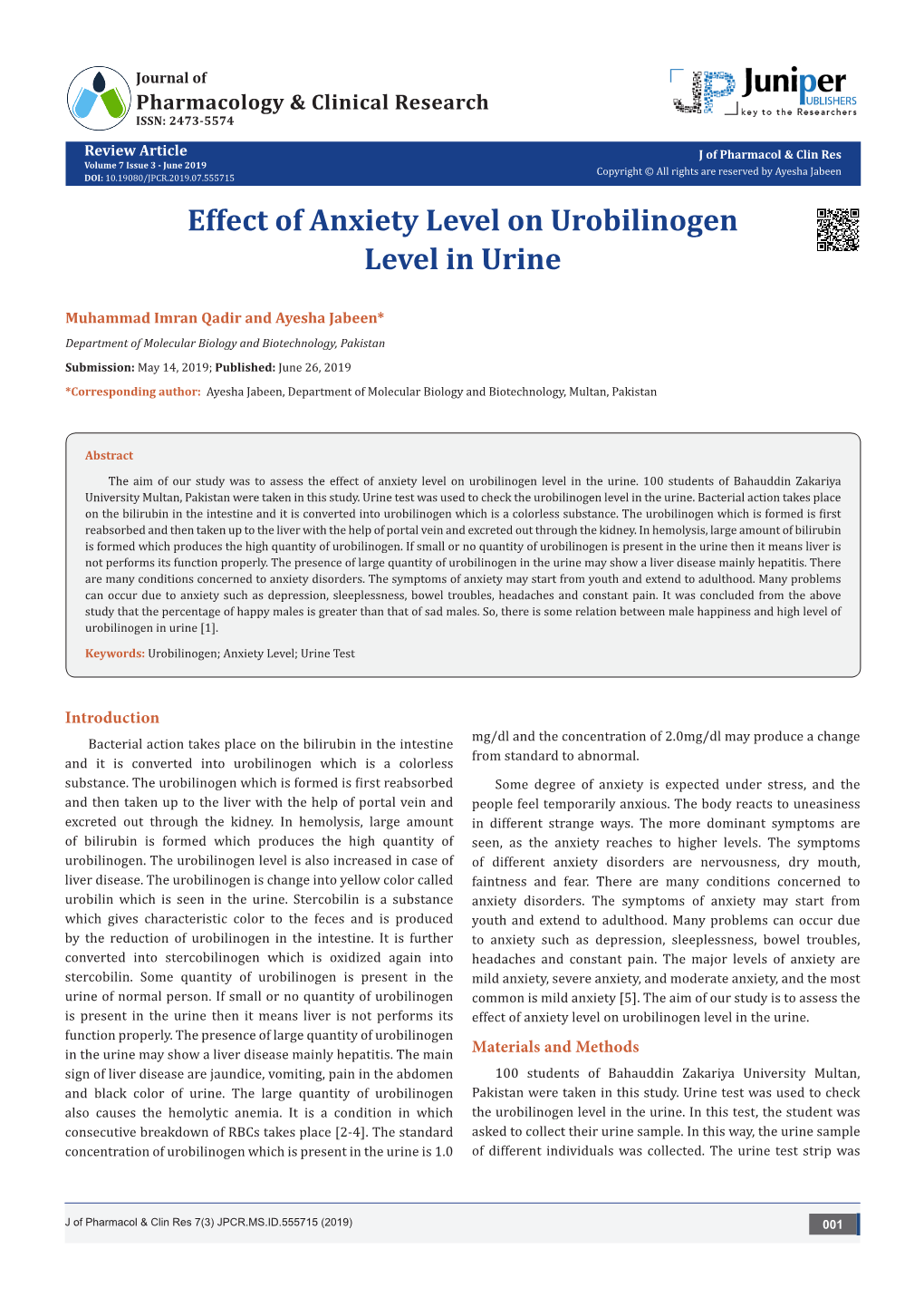Effect of Anxiety Level on Urobilinogen Level in Urine
