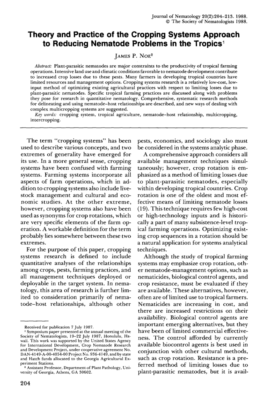 Theory and Practice of the Cropping Systems Approach to Reducing Nematode Problems in the Tropics 1