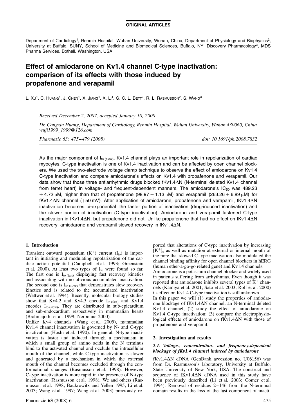 Effect of Amiodarone on Kv1.4 Channel C-Type Inactivation: Comparison of Its Effects with Those Induced by Propafenone and Verapamil