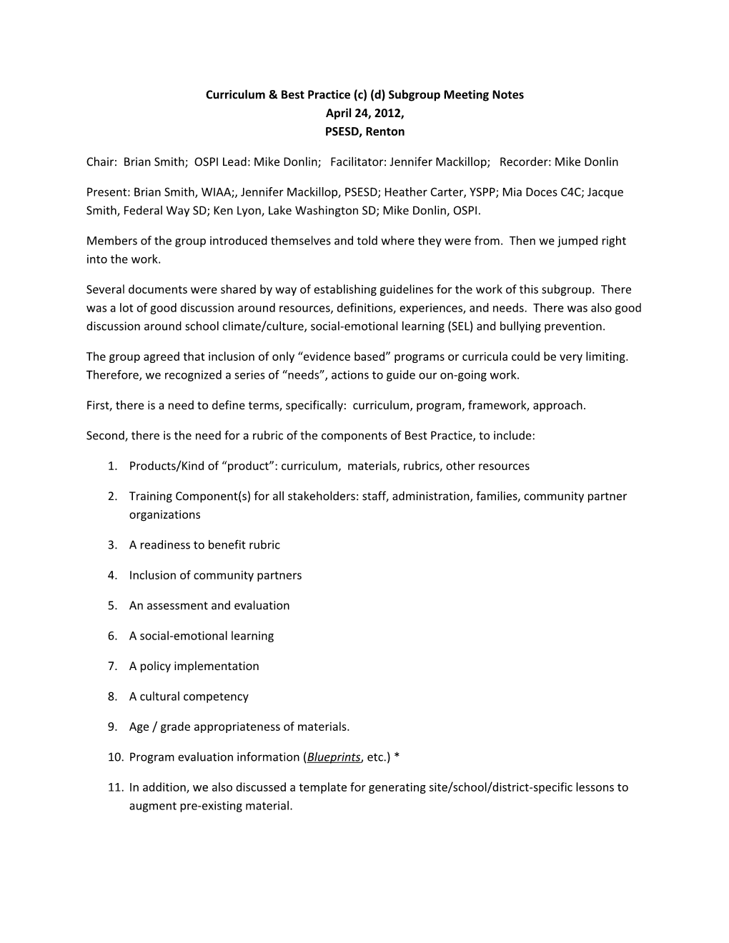 Curriculum-Best Practice Subgroup Notes V.1