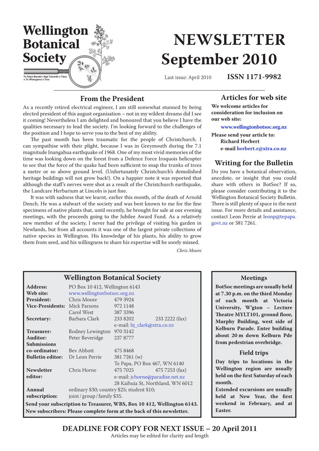 NEWSLETTER September 2010 Last Issue: April 2010 ISSN 1171-9982