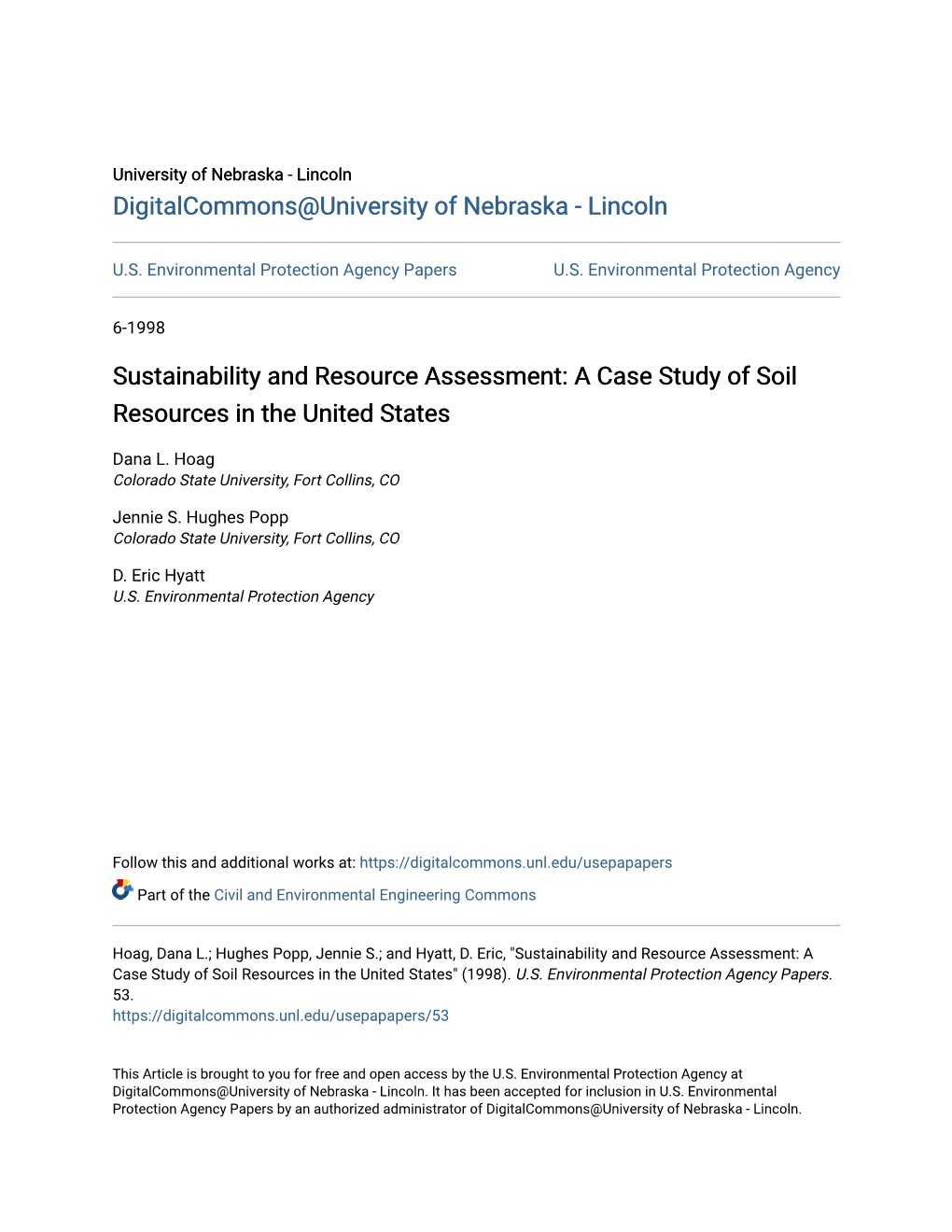 Sustainability and Resource Assessment: a Case Study of Soil Resources in the United States